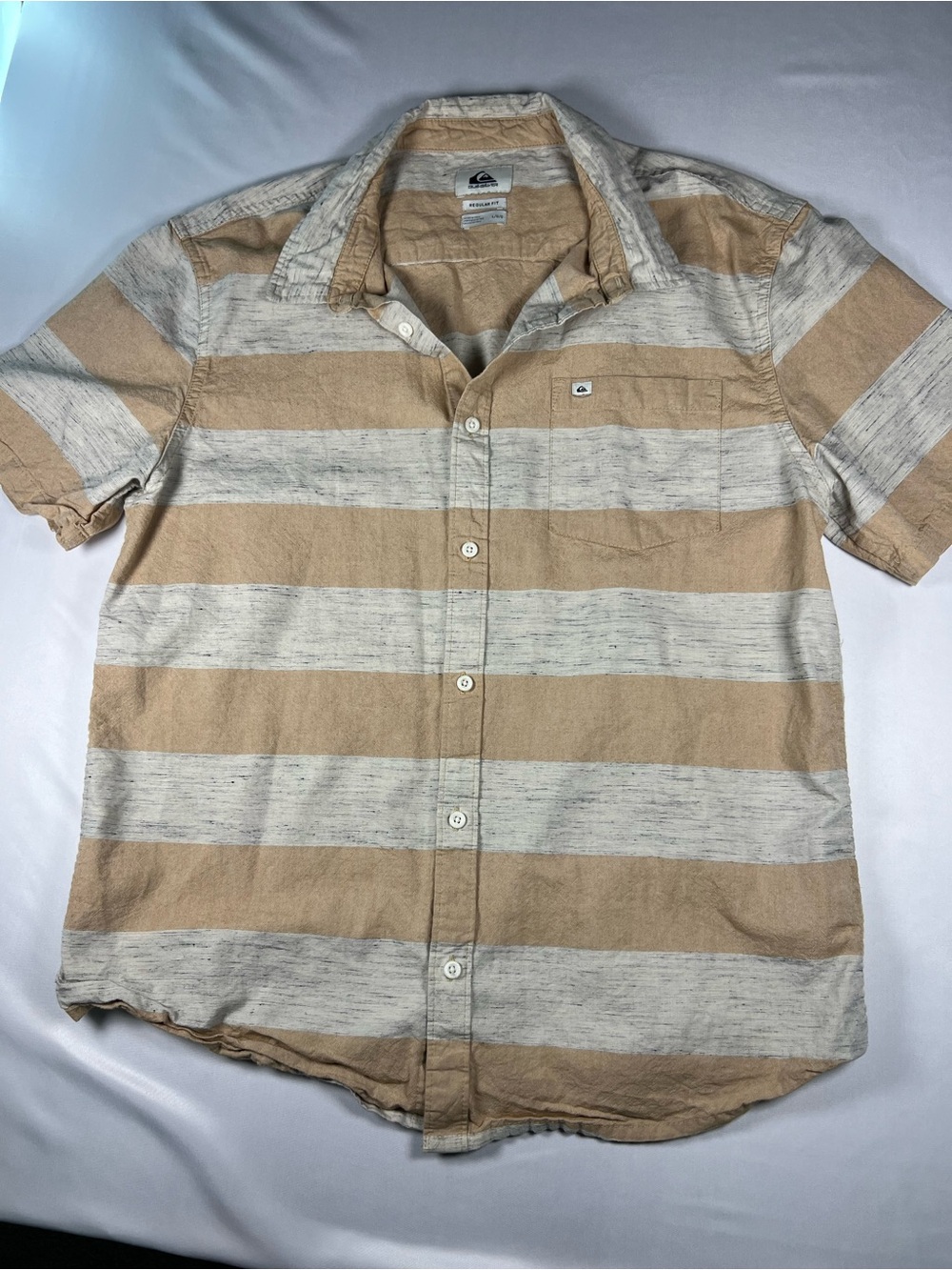 Quiksilver Men’s Short Sleeve Button-Up Shirt - Tan & Cream Stripes